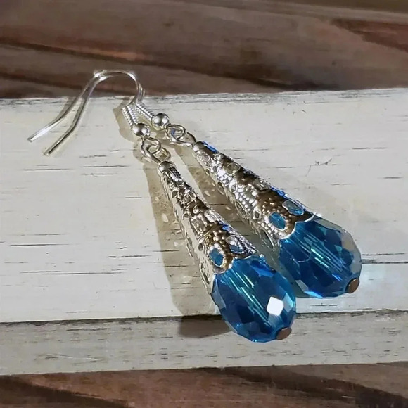 Handcrafted Caged Filigree Faceted Turquoise Blue Crystal Teardrop Earrings - Picture 6 of 7